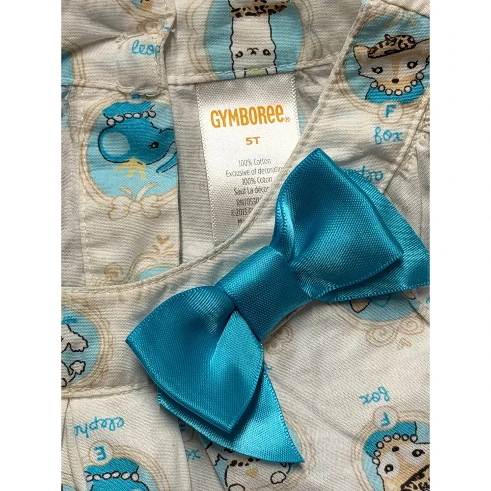 Gymboree 2013 5T Animal Portrait Print Tunic Top White Blue Bow Cotton Pleated